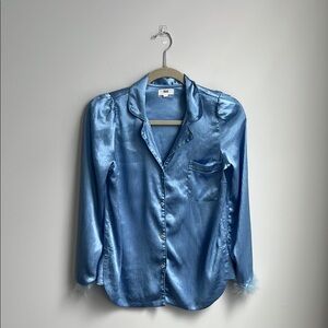 Blue Satin Button-Up Pajama Shirt
